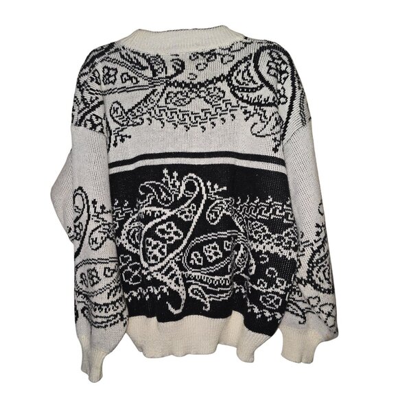Vintage 80s Black & White Paisley Knit Wool Blend Sweater Large Holiday Retro - Picture 2 of 3